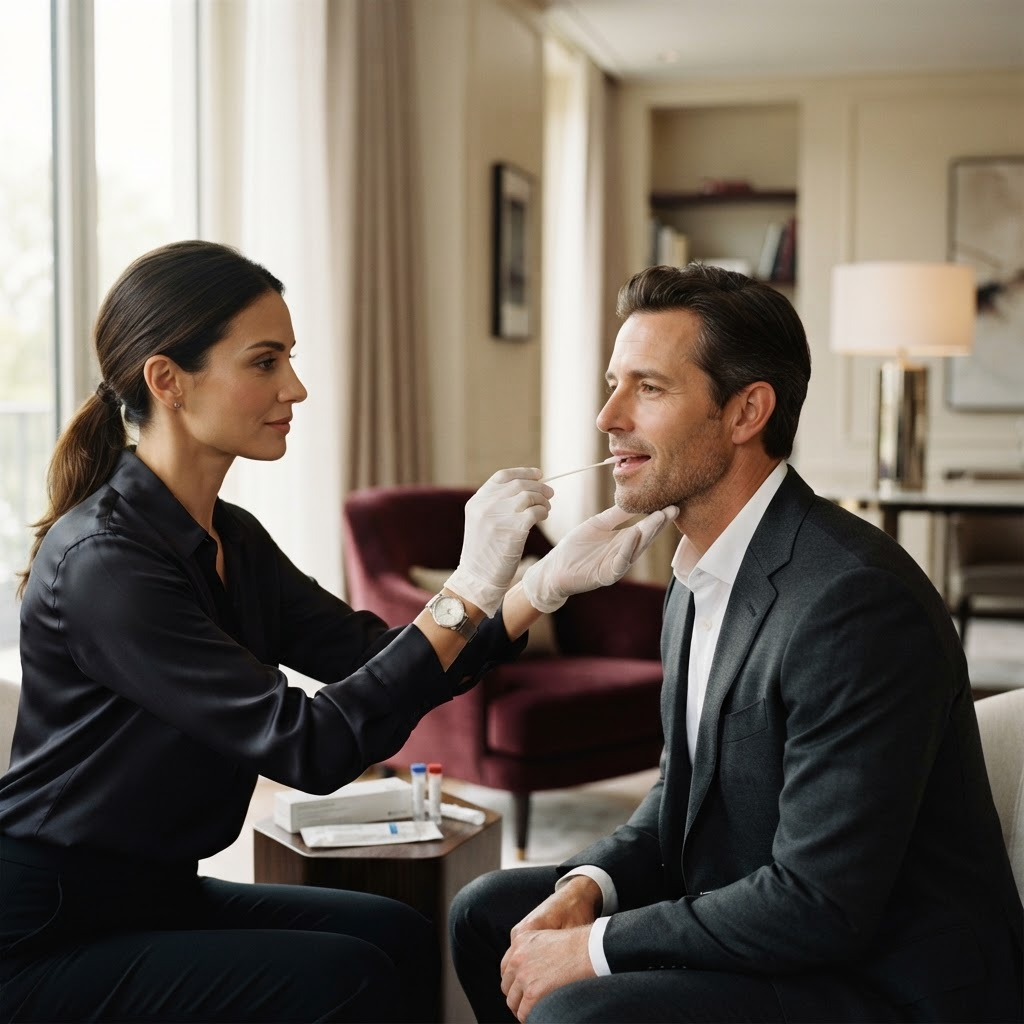 Professional DNA collector performing a cheek swab on a client